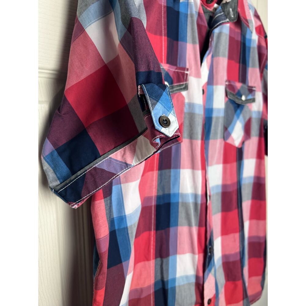 Coastal Men's Red White Blue Plaid Shirt Size XL Short Sleeve Button Up - Picture 10 of 14